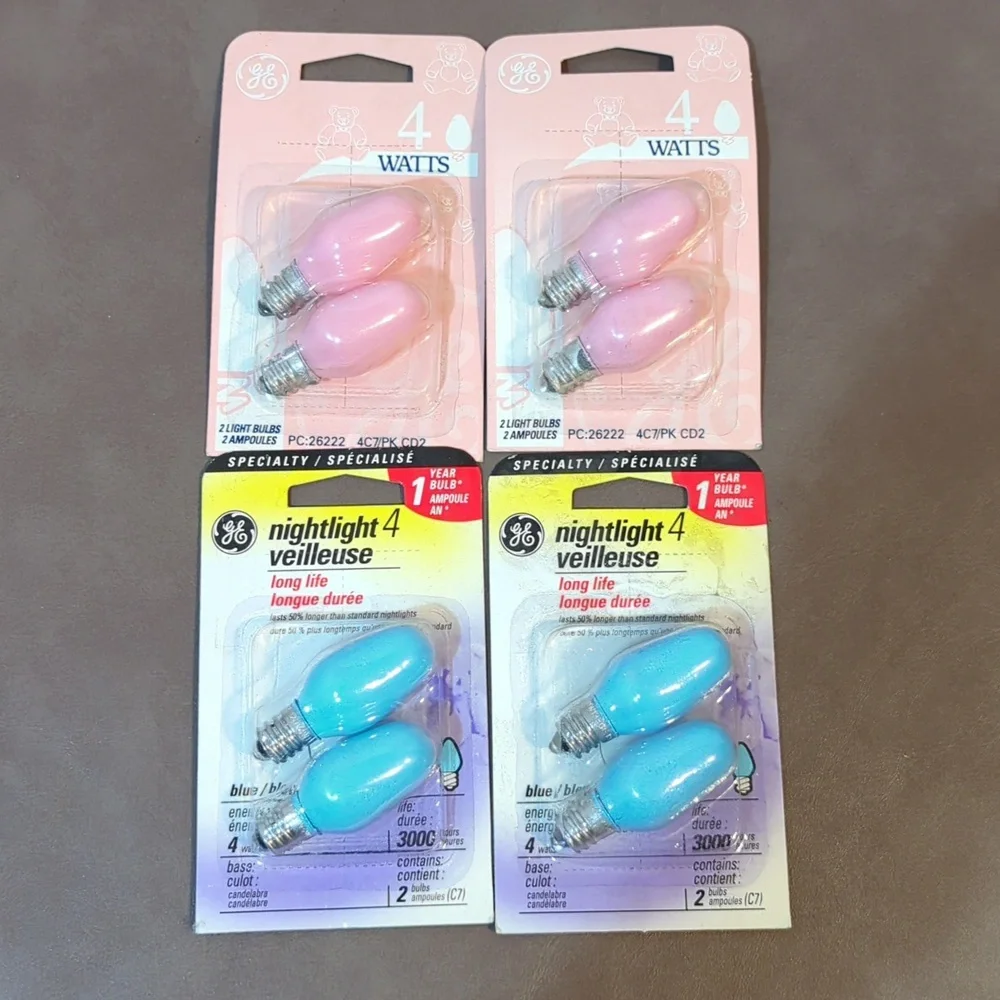 Lot of 4 Two Packs of GE 4C7 Pink And Blue Pastel Nightligt 4 Watt Candelabra